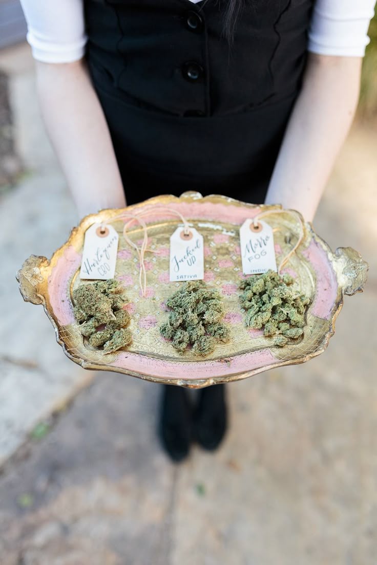 Tray with labeled cannabis strains